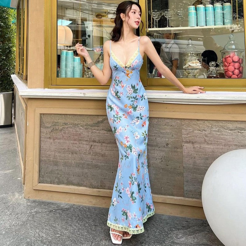 Floral Maxi Dress - Tied Back, Lace Trim, Spaghetti Strap Floral Maxi Dress - Tied Back, Lace Trim, Spaghetti Strap