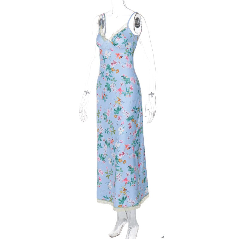 Floral Maxi Dress - Tied Back, Lace Trim, Spaghetti Strap