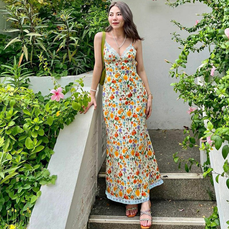 Floral Maxi Dress - Tied Back, Lace Trim, Spaghetti Strap