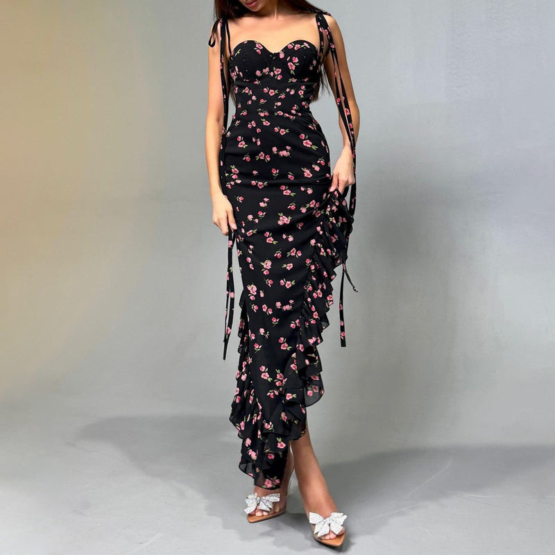 Slit Leg Ruffled Floral Dress - Black and Pink