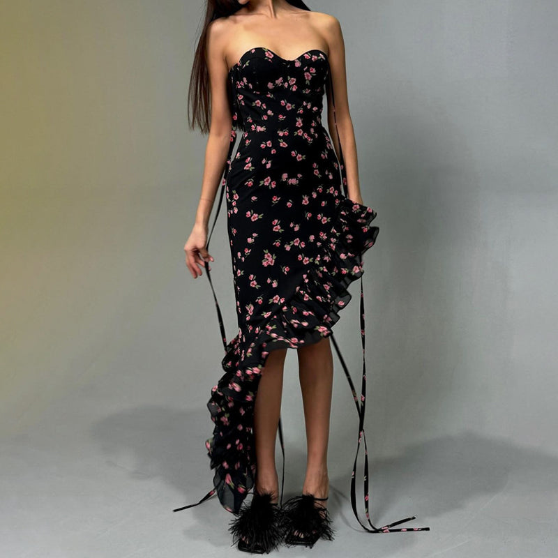 Slit Leg Ruffled Floral Dress - Black and Pink