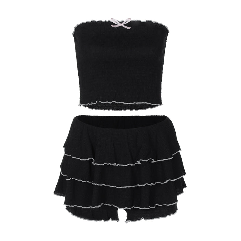 Preppy Two Piece Set - Black Tube Top and Ruffle Shorts