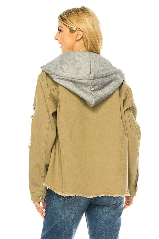 Womens Oversized Casual Loose Vintage Denim Jacket With Hoodie