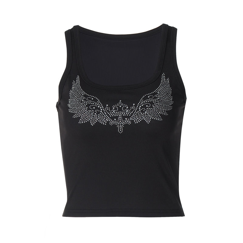 Y2K Black Tank Top - Rhinestone Design