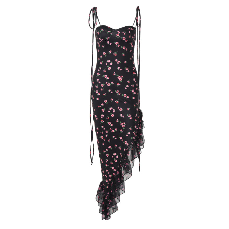 Slit Leg Ruffled Floral Dress - Black and Pink Slit Leg Ruffled Floral Dress - Black and Pink