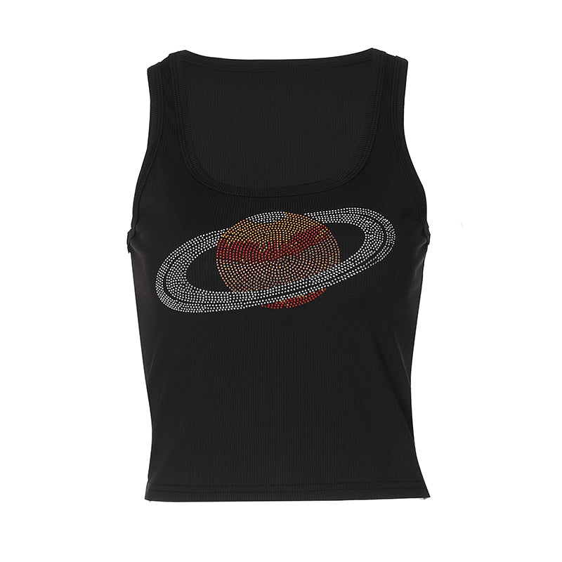 Y2K Black Tank Top - Rhinestone Design