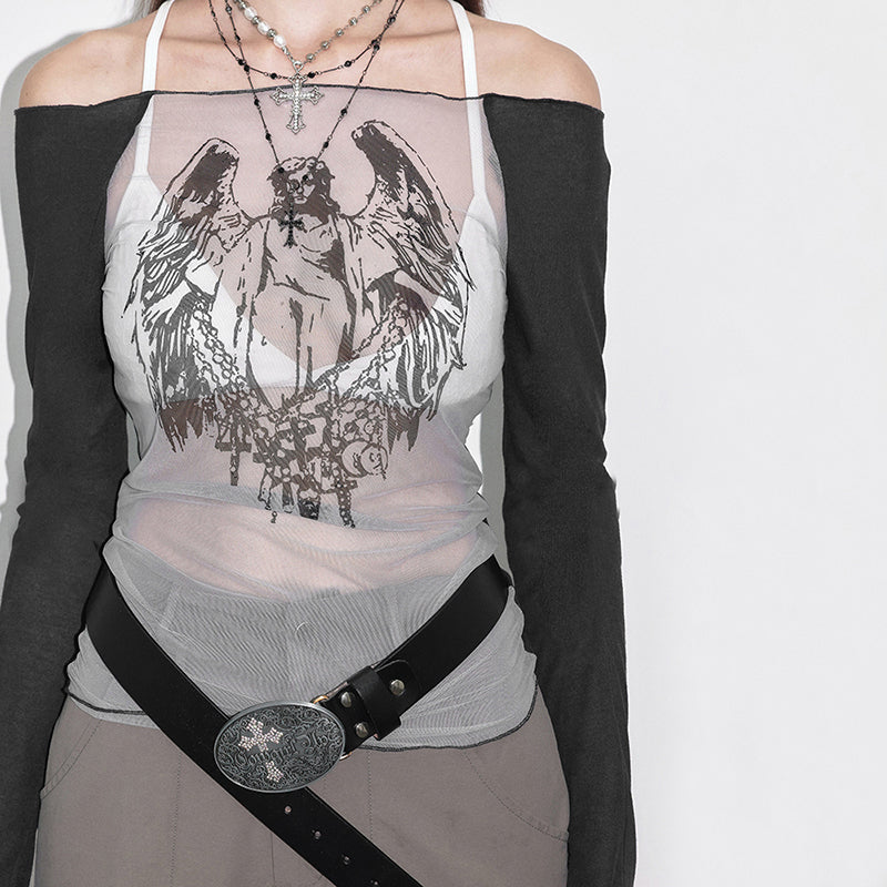 Edgy Y2K Off-Shoulder Angel Wings Mesh Long Sleeve Top