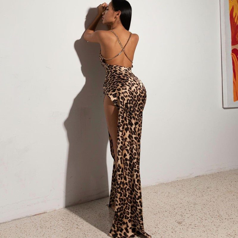 Leopard Print Chain Strap Backless Party Maxi Dress