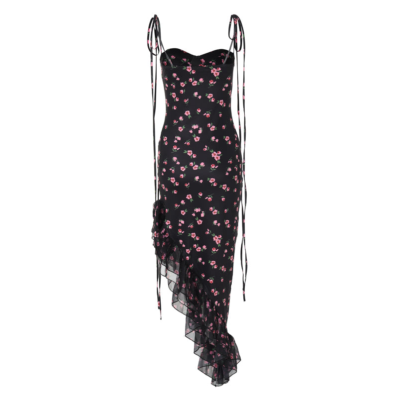 Slit Leg Ruffled Floral Dress - Black and Pink