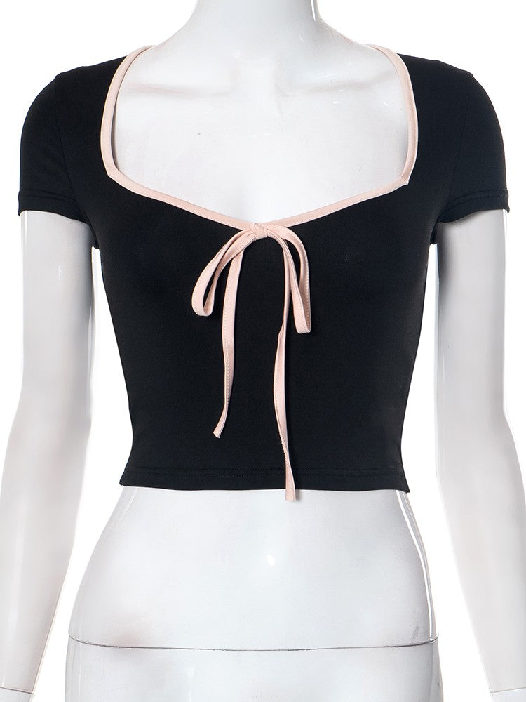 Square Neck Crop Top Tee - Black with Ribbon Tie