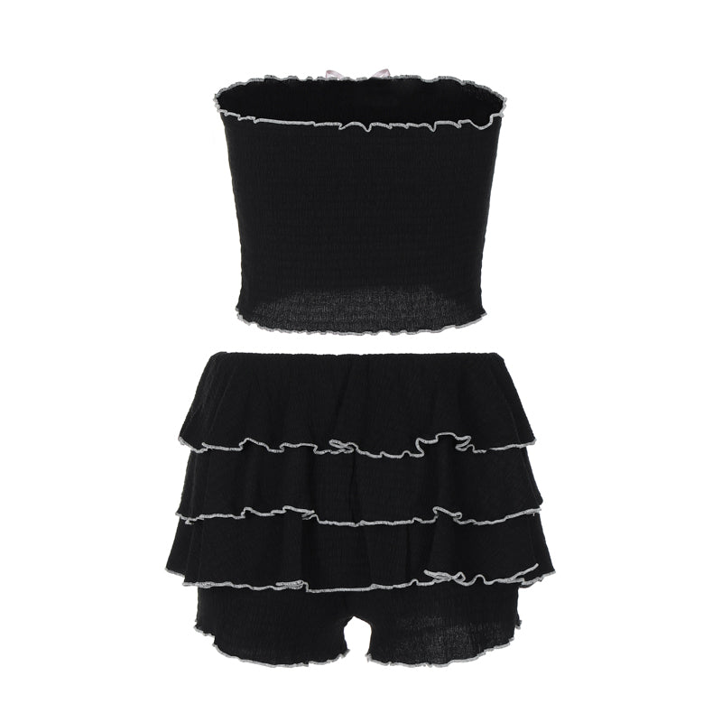 Preppy Two Piece Set - Black Tube Top and Ruffle Shorts