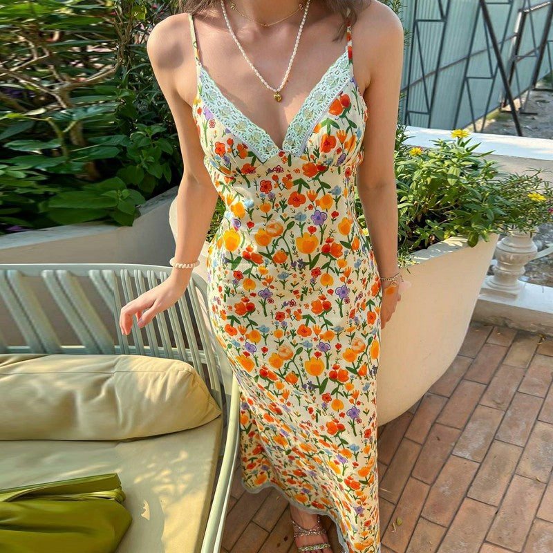 Floral Maxi Dress - Tied Back, Lace Trim, Spaghetti Strap