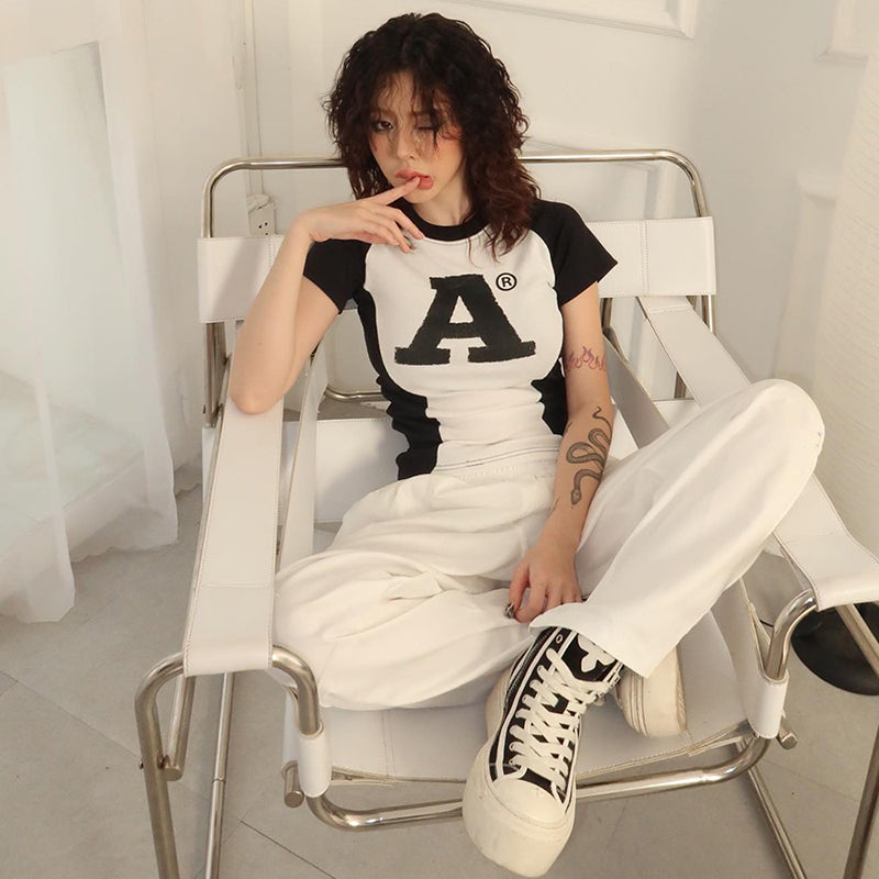 Women's Y2K Streetwear Graphic Crop Top - A Letter Contrast Black White Fitted Cropped Baby Tee