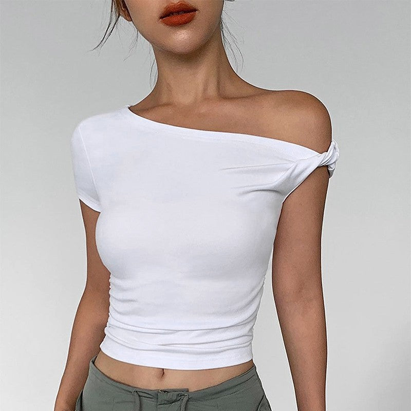 Elegant Off Shoulder Asymmetrical Cropped Minimalist Tee