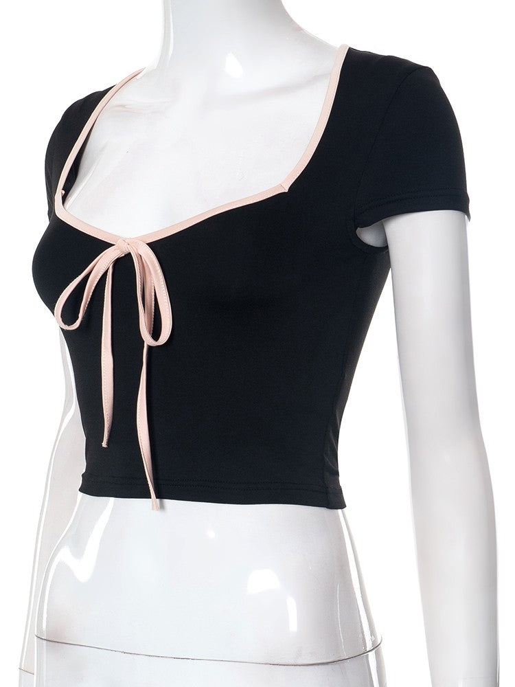 Square Neck Crop Top Tee - Black with Ribbon Tie