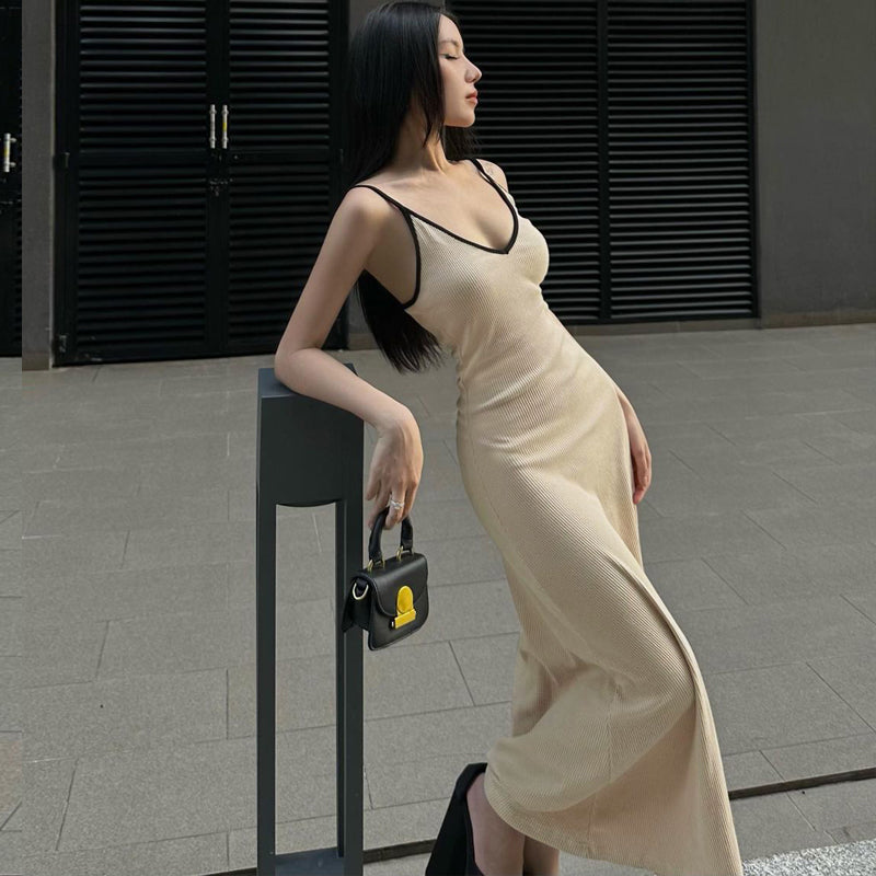 Cream Colored Black Hem Contrast Minimalist Midi Dress