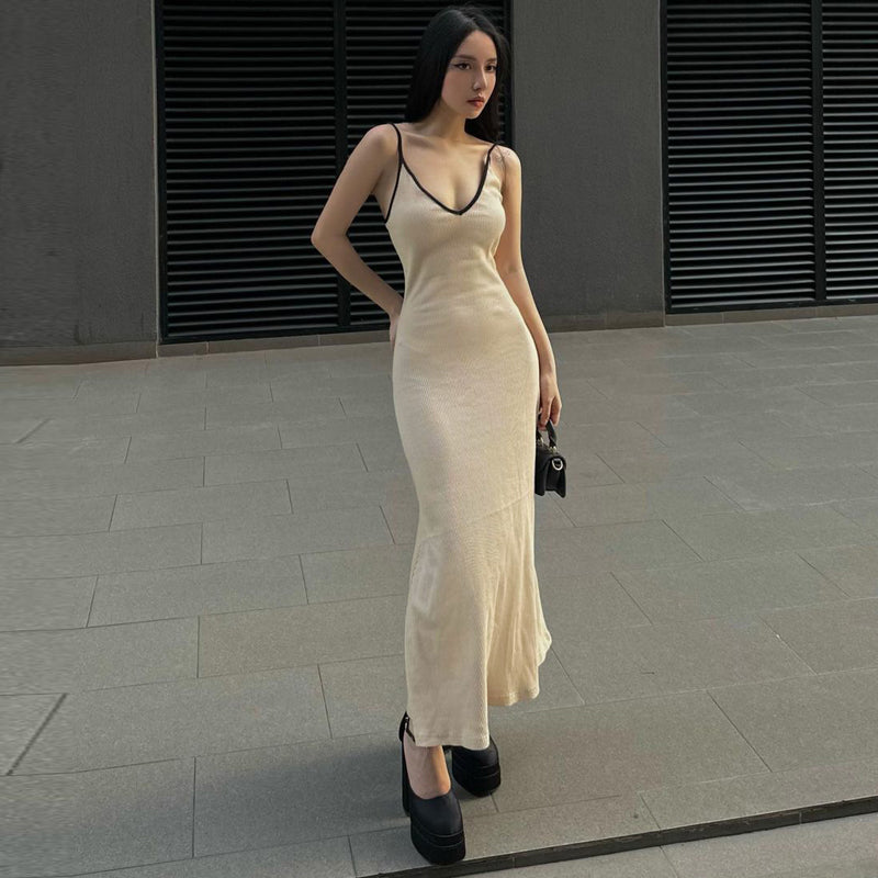 Cream Colored Black Hem Contrast Minimalist Midi Dress