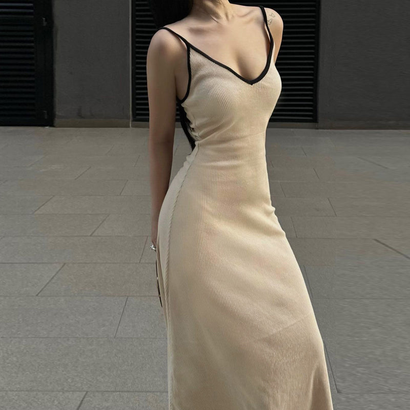 Cream Colored Black Hem Contrast Minimalist Midi Dress