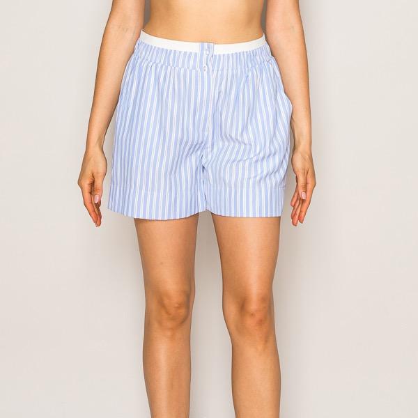 Women's Striped Casual High-Waisted Boxer Shorts with Pockets - Soft Cotton Loungewear Shorts with Elastic Waistband Fabric in Light Blue, Yellow, Pink