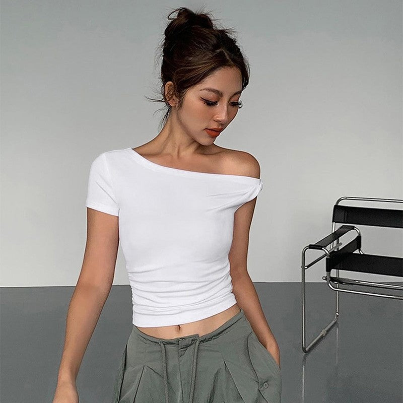 Elegant Off Shoulder Asymmetrical Cropped Minimalist Tee