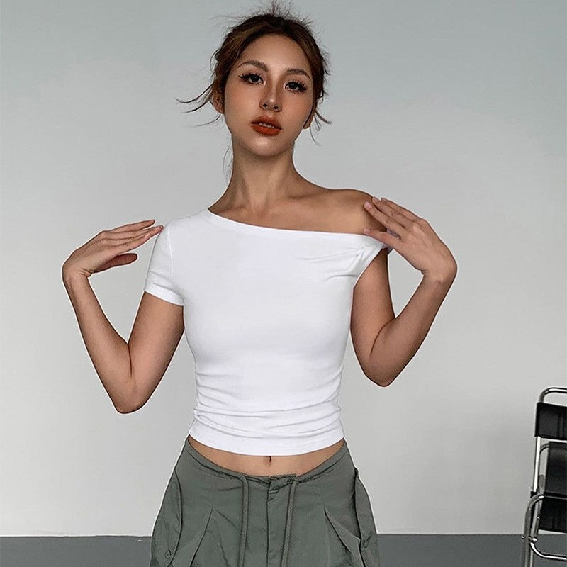 Elegant Off Shoulder Asymmetrical Cropped Minimalist Tee