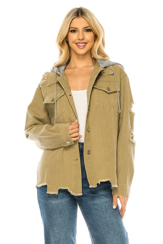 Womens Oversized Casual Loose Vintage Denim Jacket With Hoodie