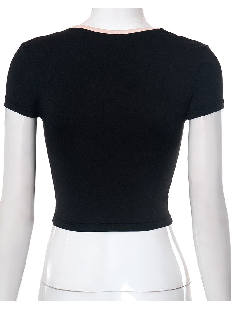 Square Neck Crop Top Tee - Black with Ribbon Tie