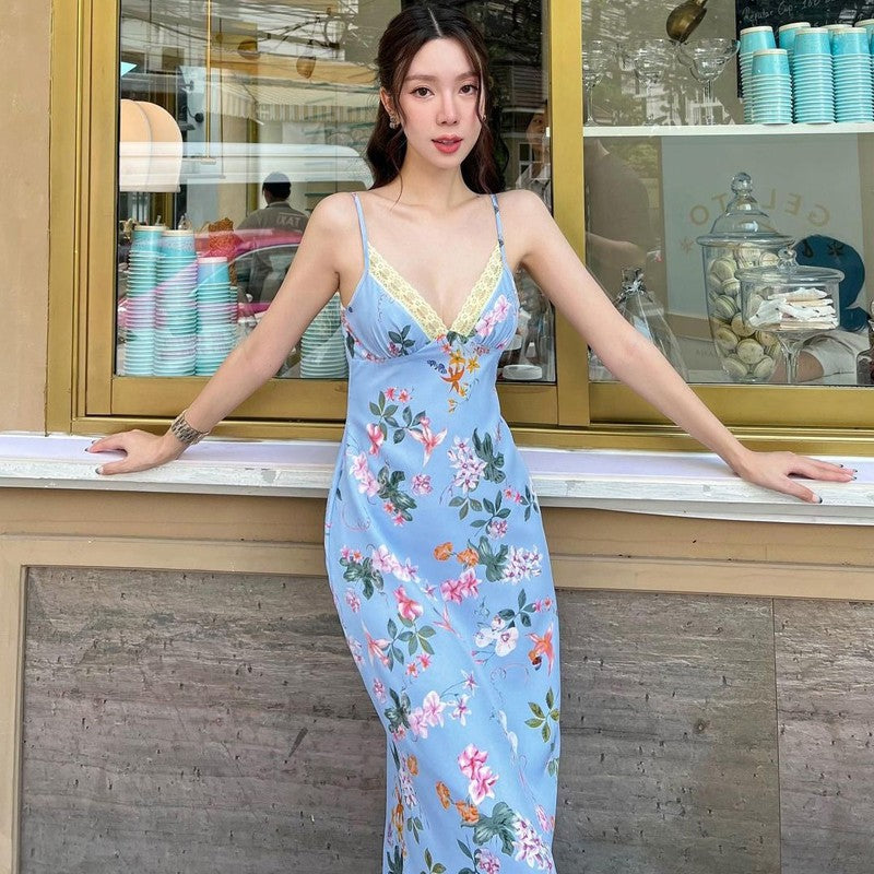 Floral Maxi Dress - Tied Back, Lace Trim, Spaghetti Strap