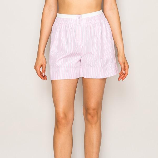 Women's Striped Casual High-Waisted Boxer Shorts with Pockets - Soft Cotton Loungewear Shorts with Elastic Waistband Fabric in Light Blue, Yellow, Pink