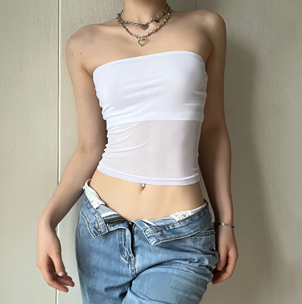 Women s Solid Sheer Tube Top Double Layered Trendy Tube Top