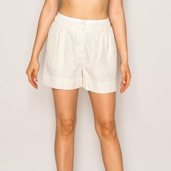 Women's Striped Casual High-Waisted Boxer Shorts with Pockets - Soft Cotton Loungewear Shorts with Elastic Waistband Fabric in Light Blue, Yellow, Pink