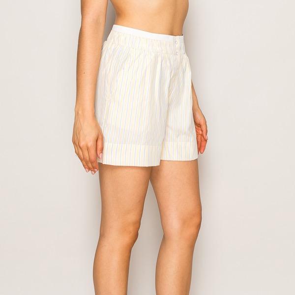 Women's Striped Casual High-Waisted Boxer Shorts with Pockets - Soft Cotton Loungewear Shorts with Elastic Waistband Fabric in Light Blue, Yellow, Pink