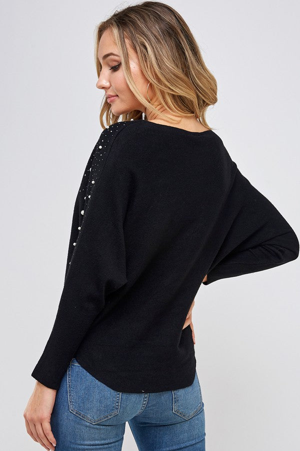 Womens Sweater long sleeve top with faux pearl trim