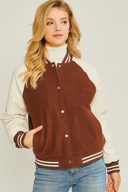 Contrast Faux Leather Sleeve Baseball Jacket