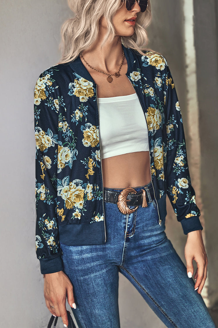 Women's Floral Casual Zipper up Bomber Jacket