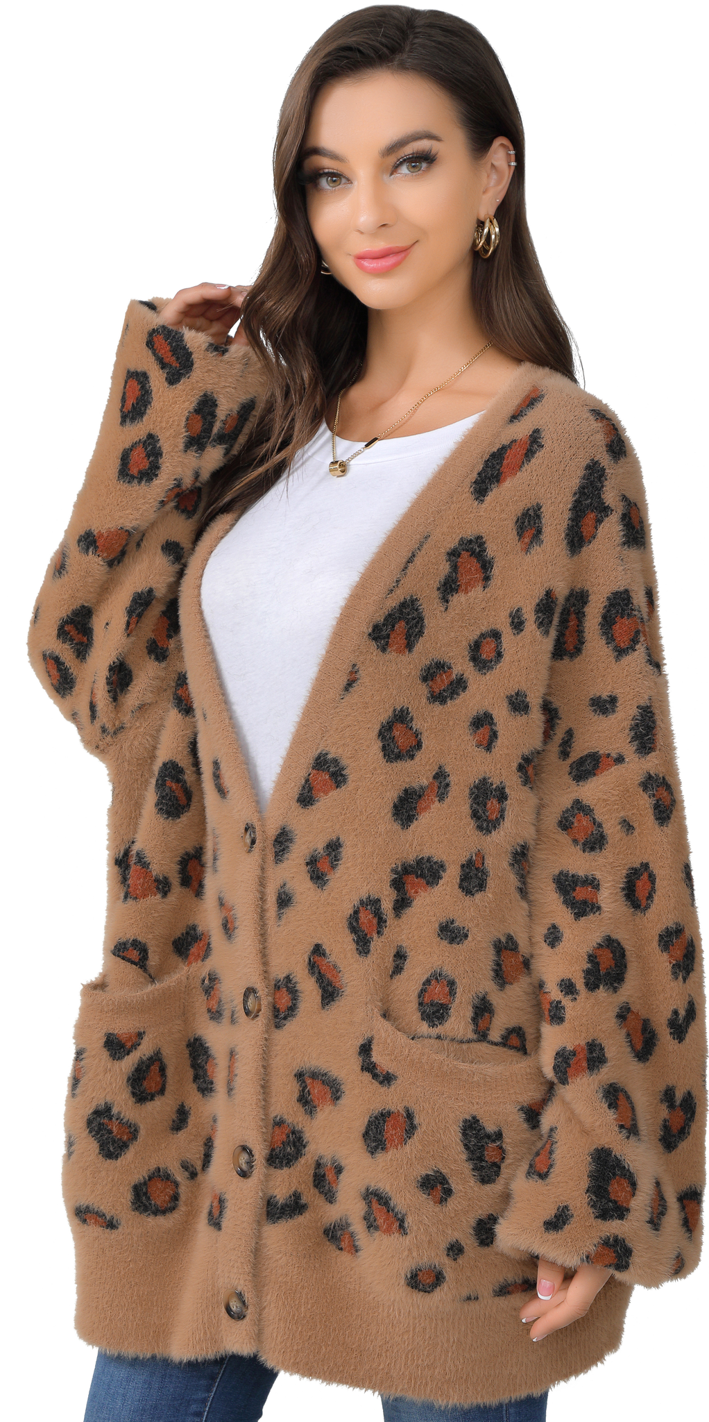 Women's Long Sleeves Open Front Leopard Print Knitted Sweater - annva-usa