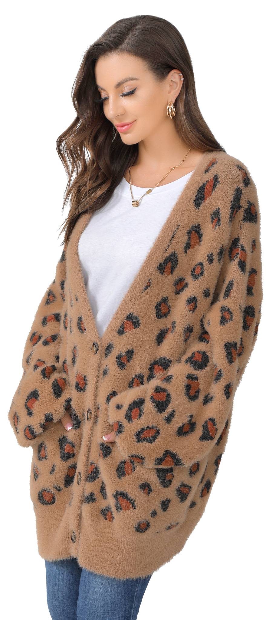 Women's Long Sleeves Open Front Leopard Print Knitted Sweater - annva-usa