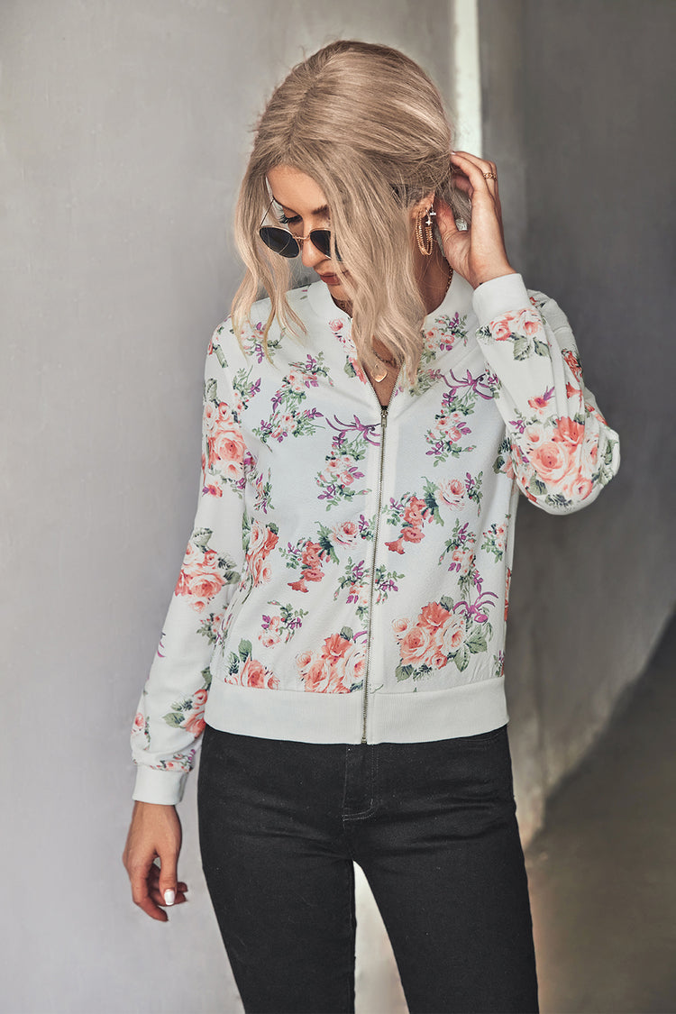 Women's Floral Casual Zipper up Bomber Jacket