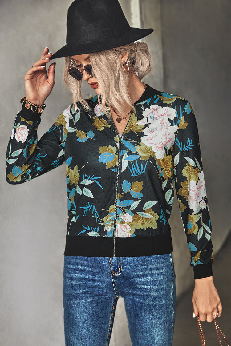 Women's Floral Casual Zipper up Bomber Jacket