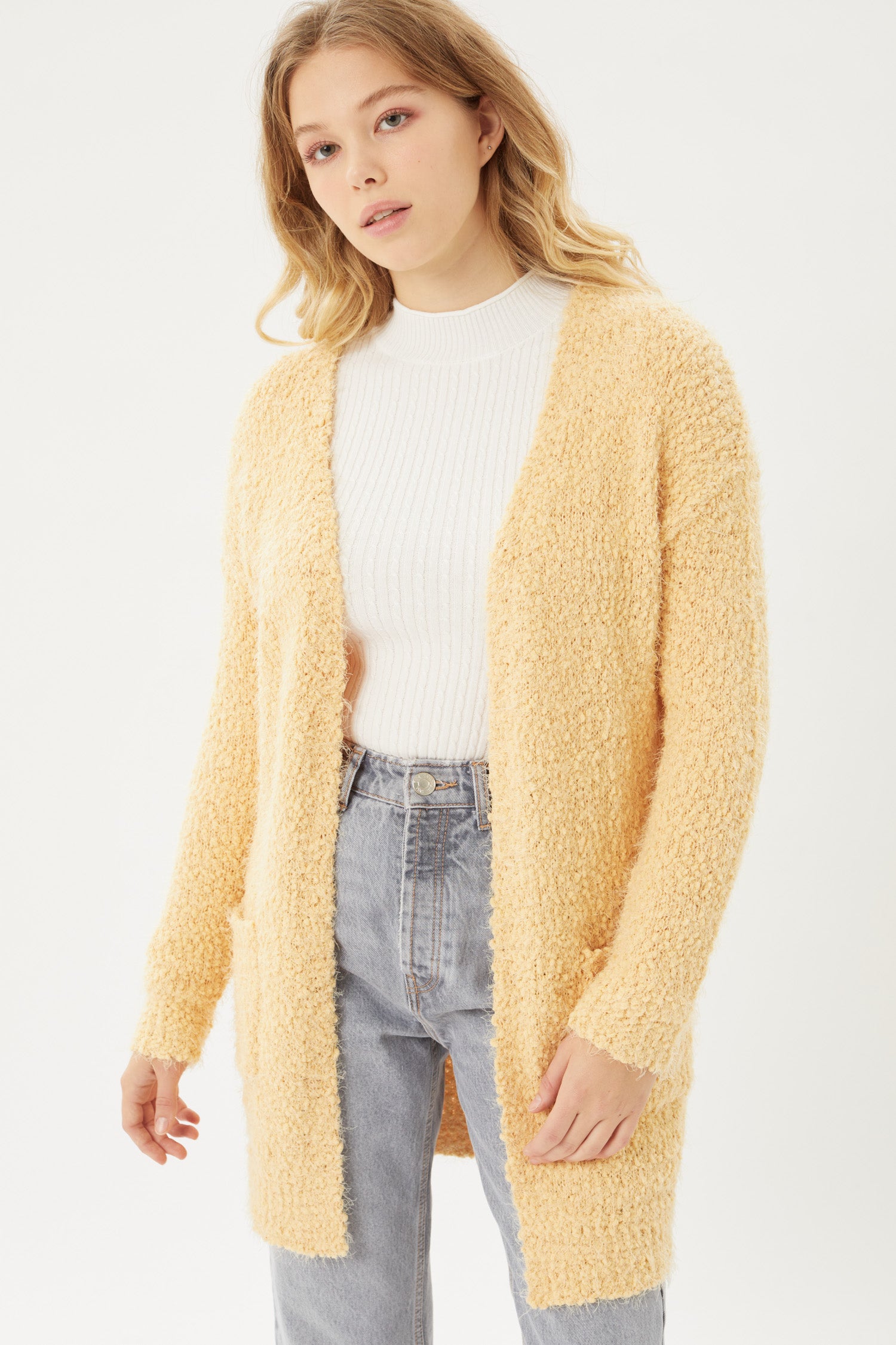 Popcorn Eyelash Open Front Long Line Cardigan - annvafashion