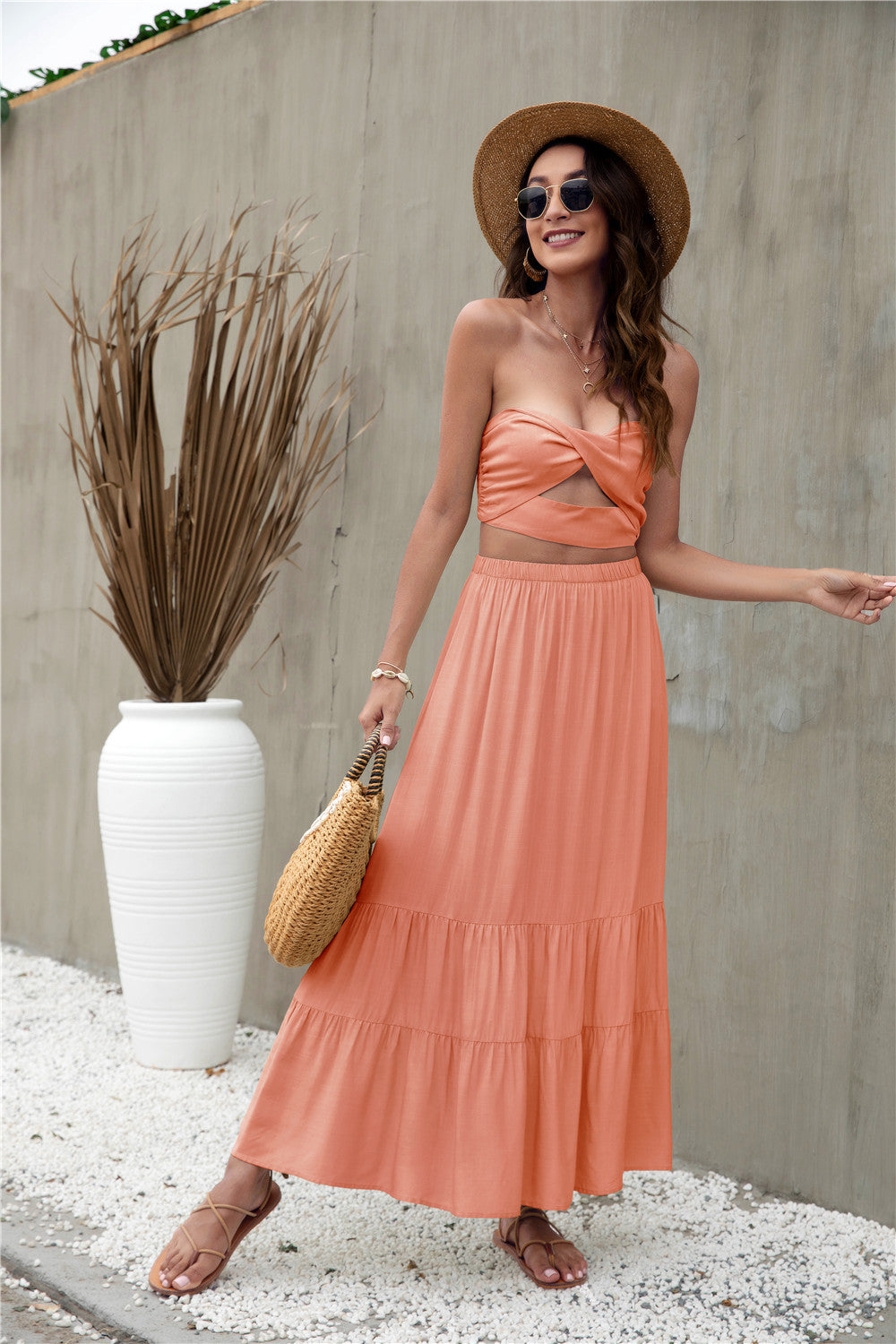 Womens Sexy 2 Piece Maxi Dress Outfits - Sleeveless Smocking Top Skirts Set - annvafashion Womens Sexy 2 Piece Maxi Dress Outfits - Sleeveless Smocking Top Skirts Set - annvafashion