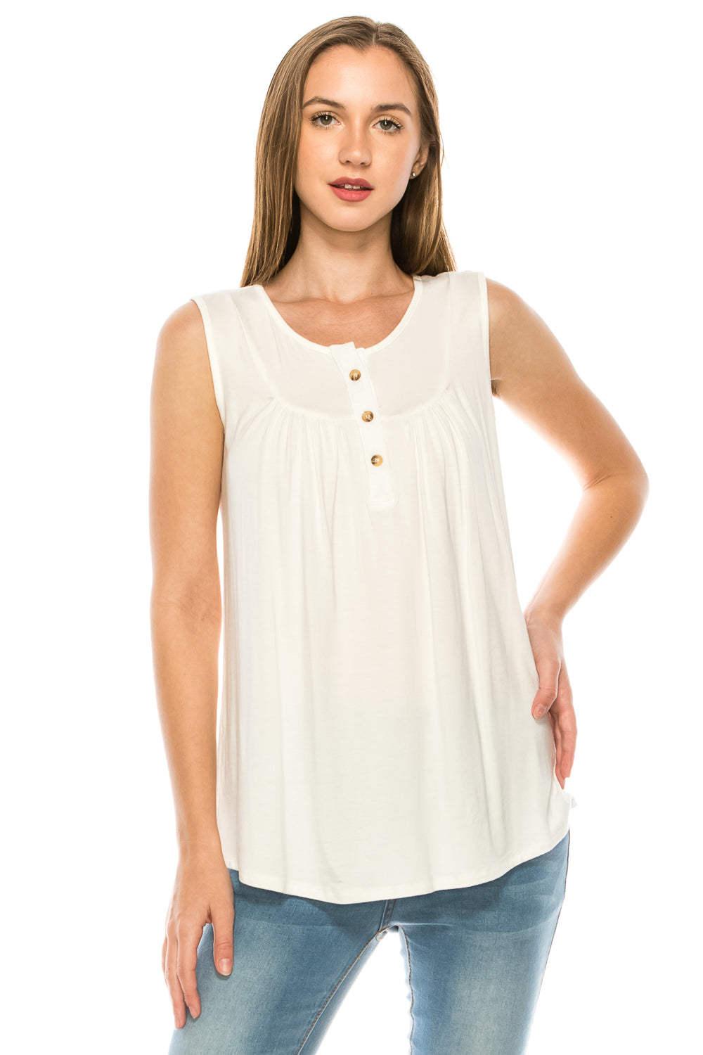 Made in USA Sleeveless Tops Round Neck Soft T-Shirts Tunic Button up Casual Blouses - annva-usa