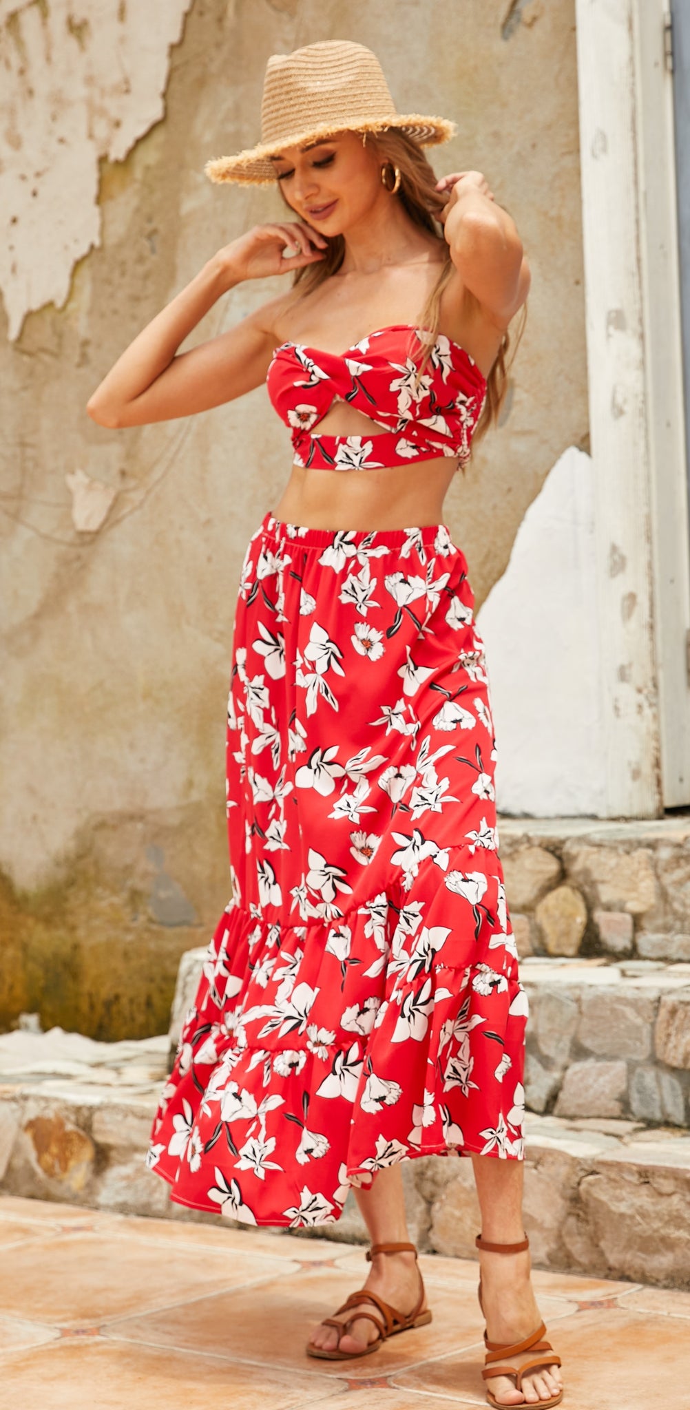 Women's Summer 2 Piece Outfit Floral Crop Top and Long Skirt Set