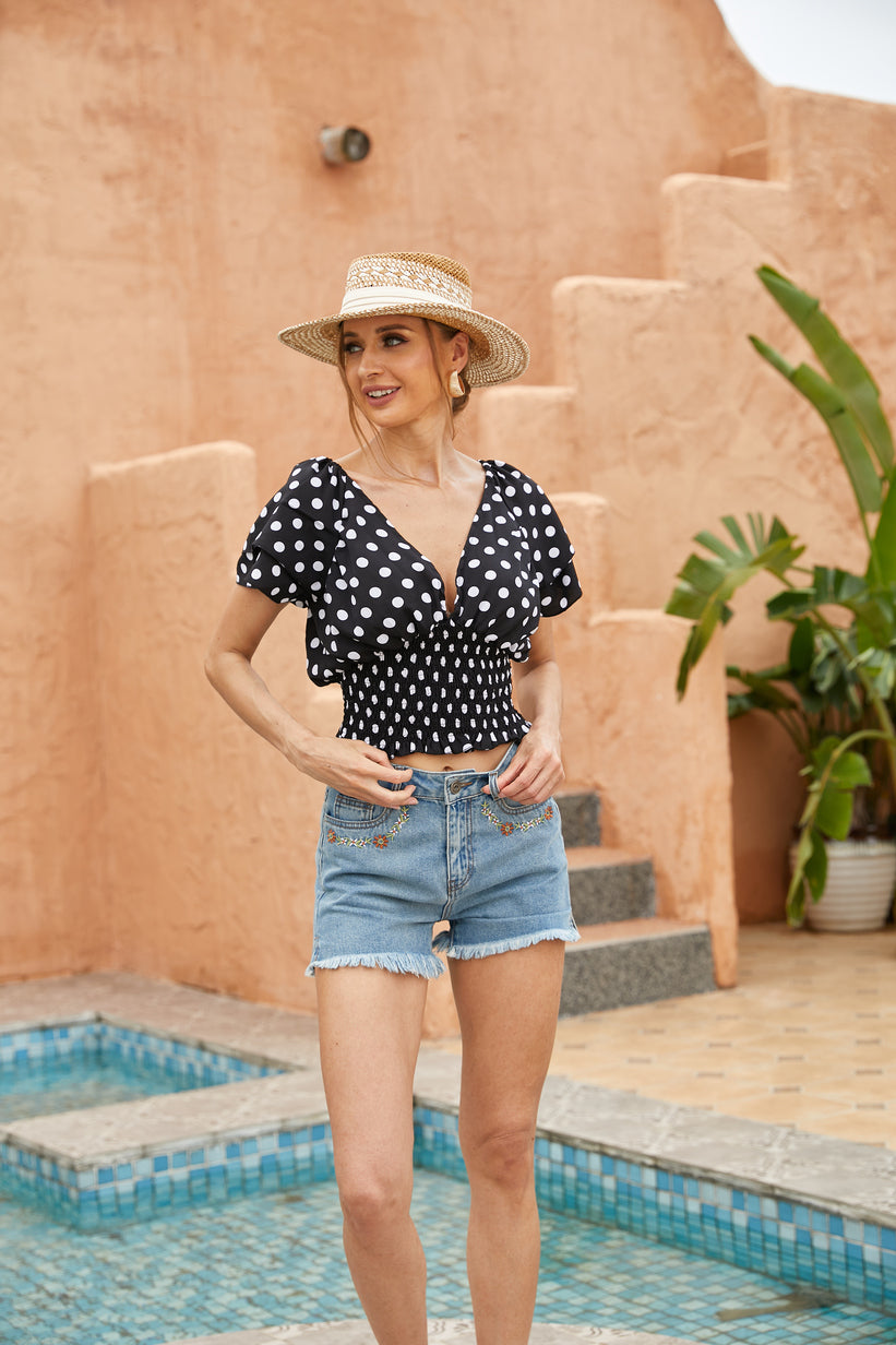 Womens Summer Tops Double Ruffle Short Sleeve  Blouse