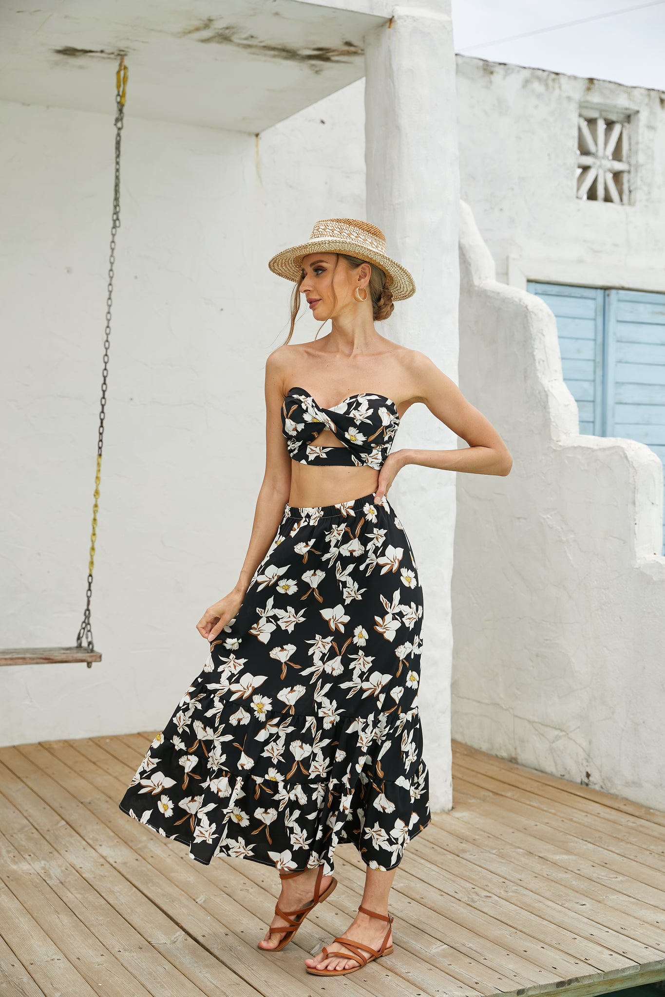 Women's Summer Printed 2 Piece Outfit Crop Tube Tops and Split Long Skirt Set
