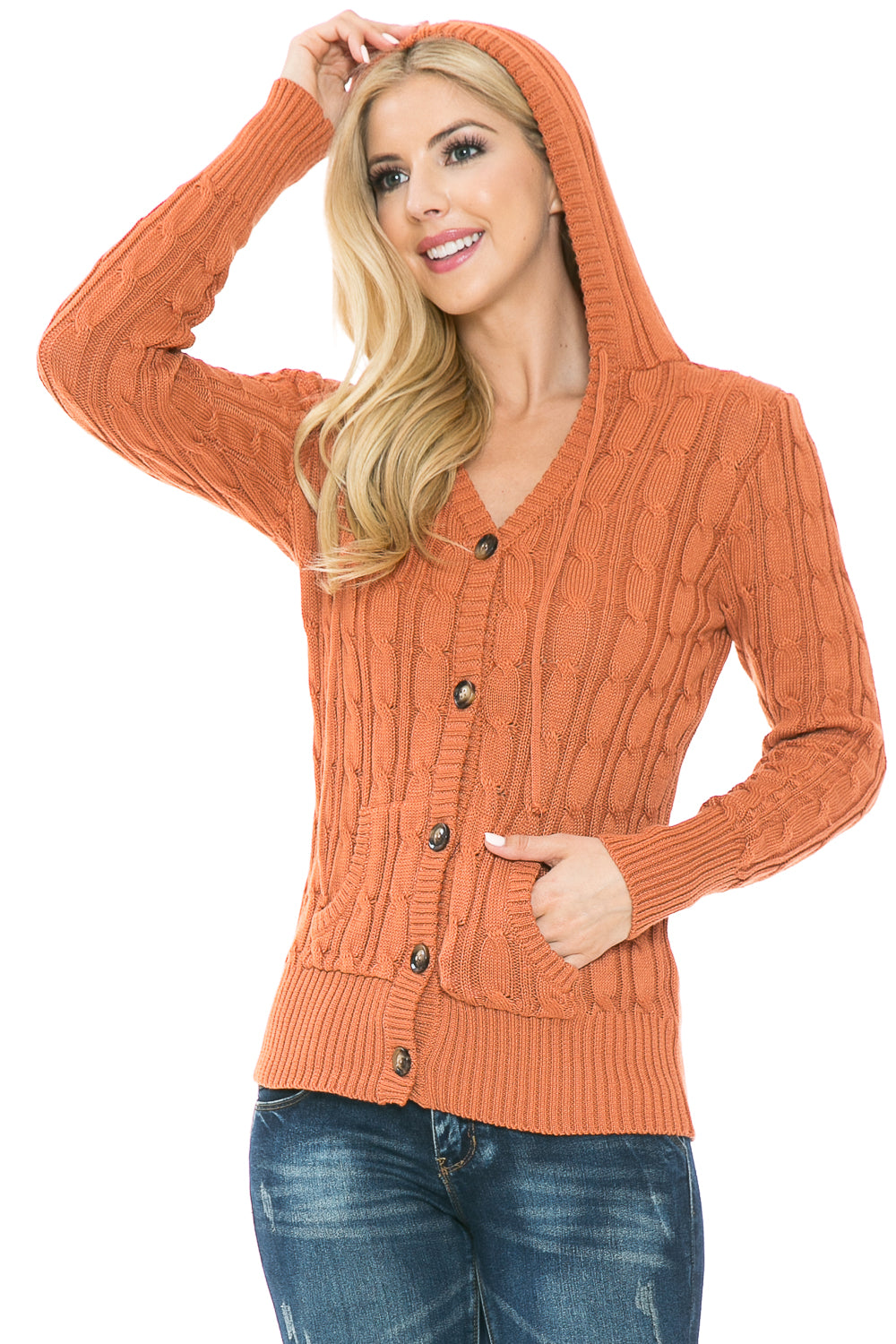 Womens Button Down Long Sleeve Sweater With Hoodie