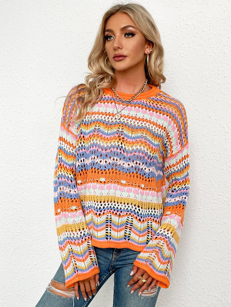 Women Multi Color Long Sleeve Round Neck Sweater