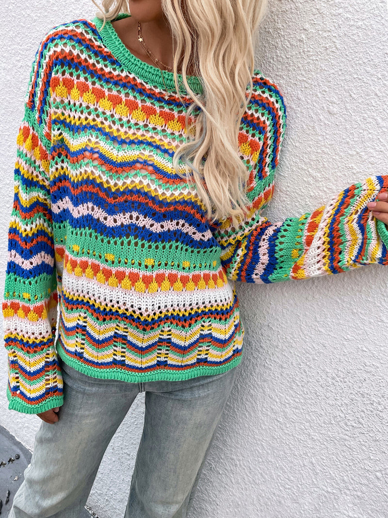 Women Multi Color Long Sleeve Round Neck Sweater