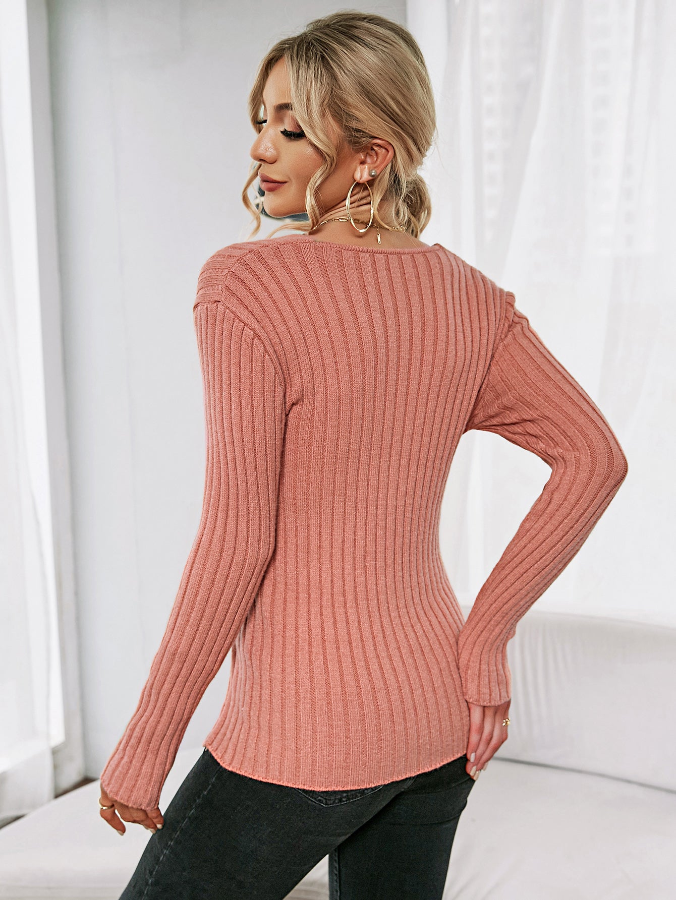 Women Long Sleeve Light Weight V Neck Sweater