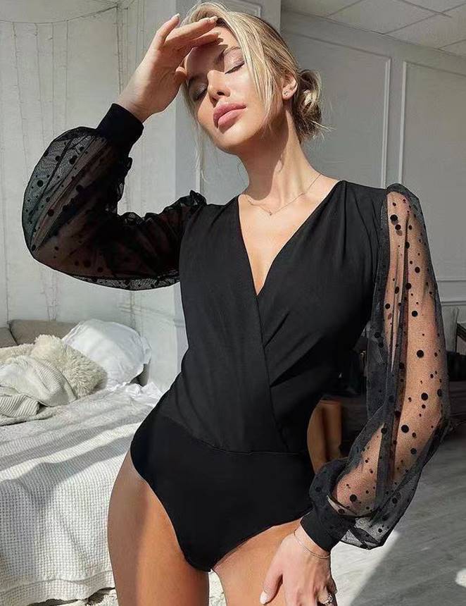 Crotch Open Black Polka dot mesh Long Sleeve Deep V Fashion Bodysuit - annva-usa
